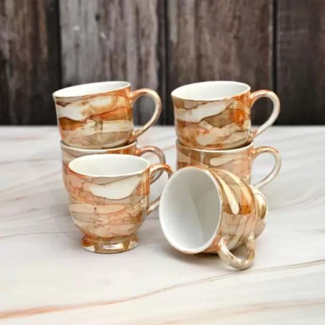 Classic Glossy Golden Ceramic Tea and Coffee Mug - Set of 6