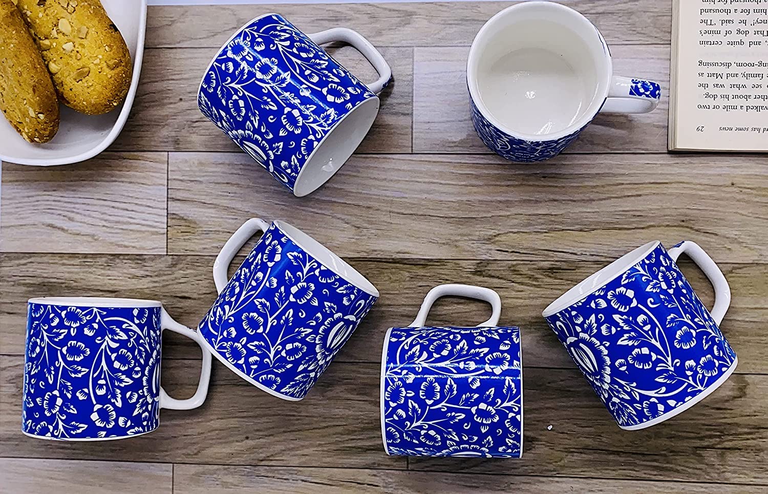 Blue Pottery Traditional Design Ceramic Coffee Mug / Tea Cup - Set of 6 - 150ml